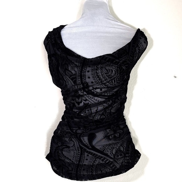 Sheer Off Shoulder Black Burnout Paisley Mesh Ruched Cowl Top XL Vampy Fairy - Picture 3 of 11
